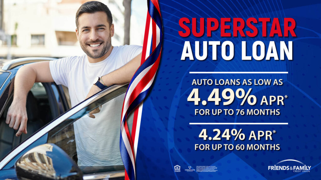 Auto Loan promo with a man next to his car